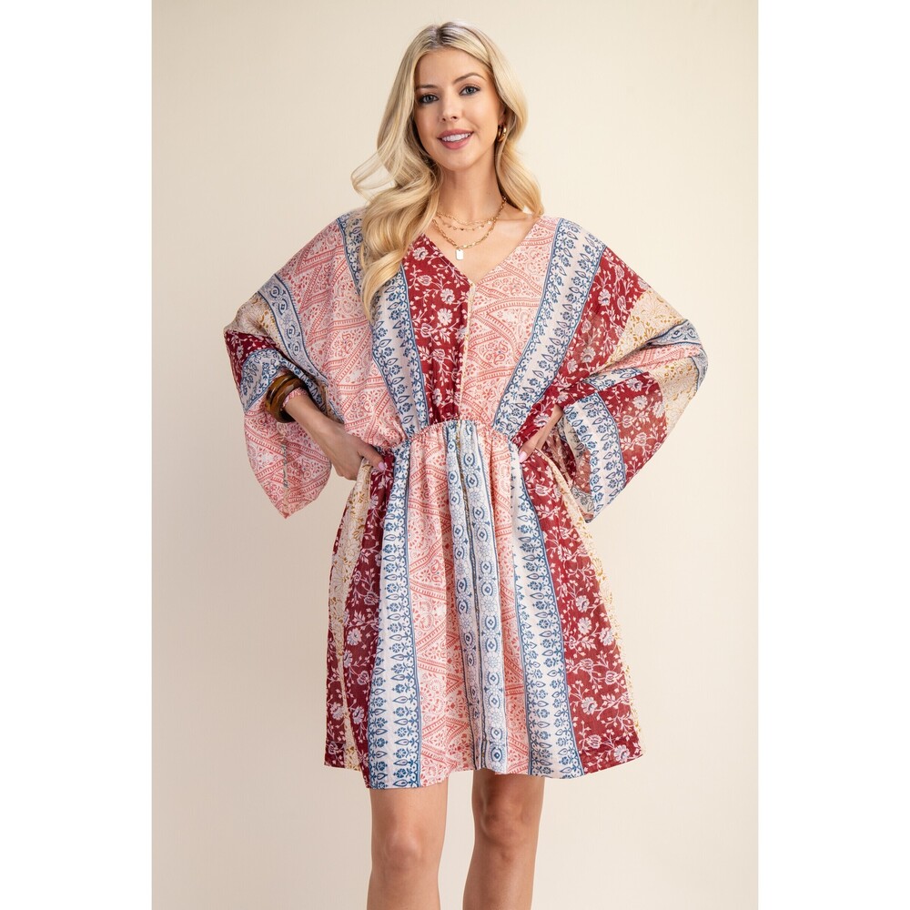 TG1386 PM GiGio Stripe Print Kimono Style Dress Back Tie Elastic Waistbnd Var Sz